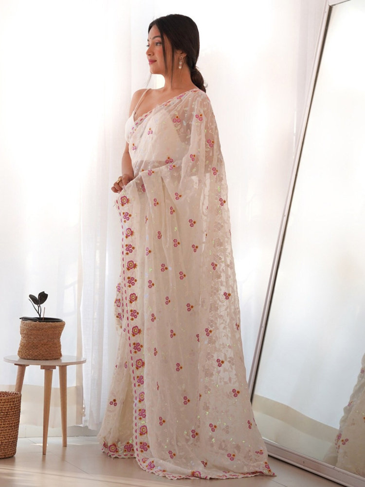 气质小众印度纱丽高级刺绣聚会女装裹裙修身显瘦异域风白色莎莉