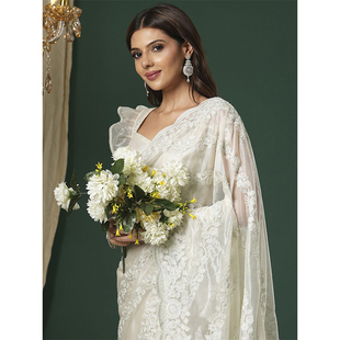 2025秋新款杏白色绣花印度纱丽欧根纱刺绣异域风减龄微透女士裹裙