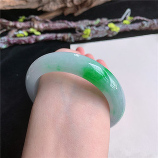 4月新品 鸿玉翡翠54圈口冰糯种飘阳绿正圈手镯正品9H70425