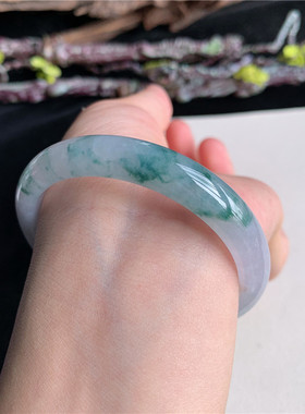 7月新品 鸿玉翡翠53圈口冰糯种飘绿花正圈玉手镯女款正品12F70701