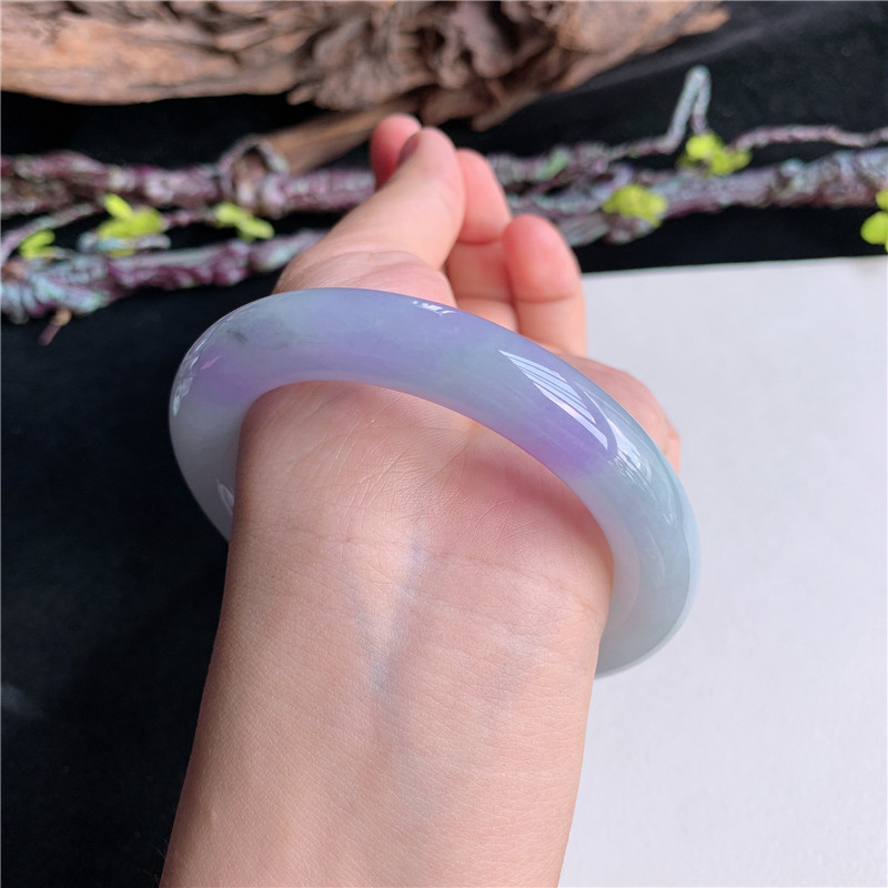 7月新品 鸿玉翡翠58圈口冰糯种紫罗兰圆条玉手镯女款正品6G60713
