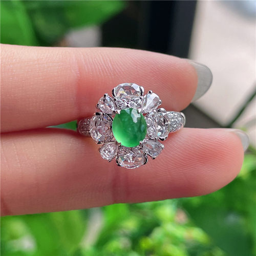 10月新品 鸿玉翡翠18k金镶嵌冰种冰阳绿蛋面精美戒指 正品P191001