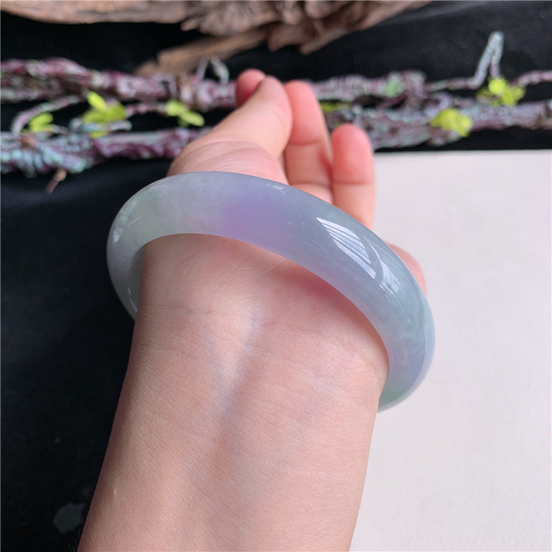 7月新品 鸿玉翡翠60圈口冰糯种绿底紫罗兰正圈玉手镯女款14G50717