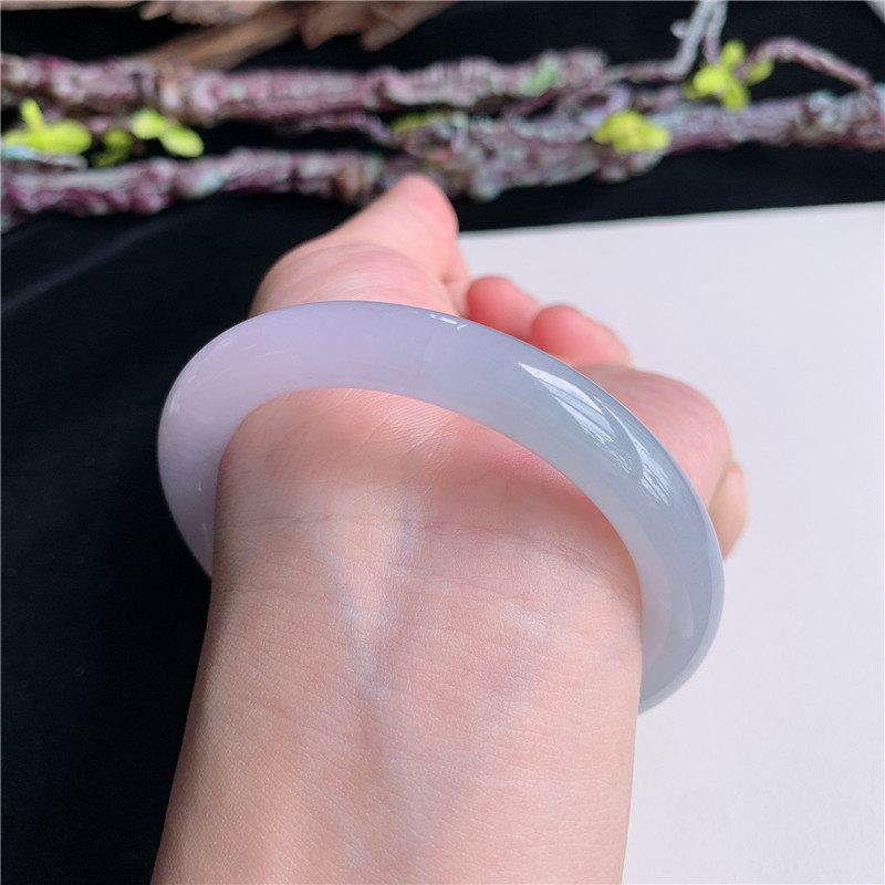 6月新品 鸿玉翡翠55圈口冰糯种淡紫圆条玉手镯女款正品1JJ0530