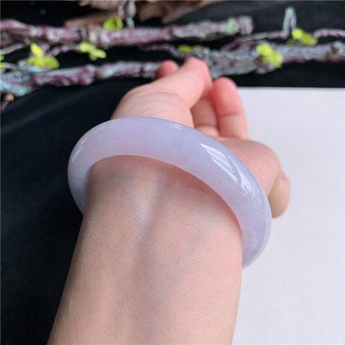 8月新品 鸿玉翡翠53圈口冰糯种紫罗兰飘绿正圈玉手镯女款8A80807