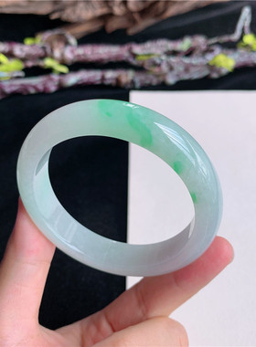 7月新品 鸿玉翡翠51圈口冰糯种飘阳绿正圈玉手镯女款正品7Y40713