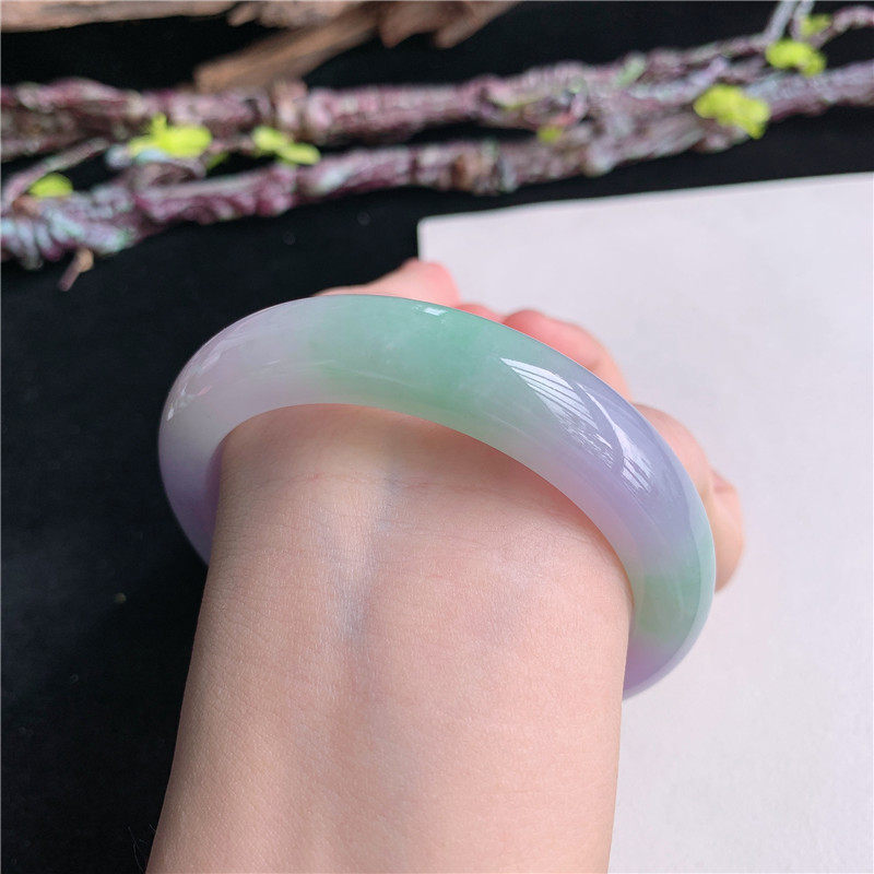5月新品 鸿玉翡翠58圈口冰糯种紫罗兰飘绿正圈玉手镯女款3B20518