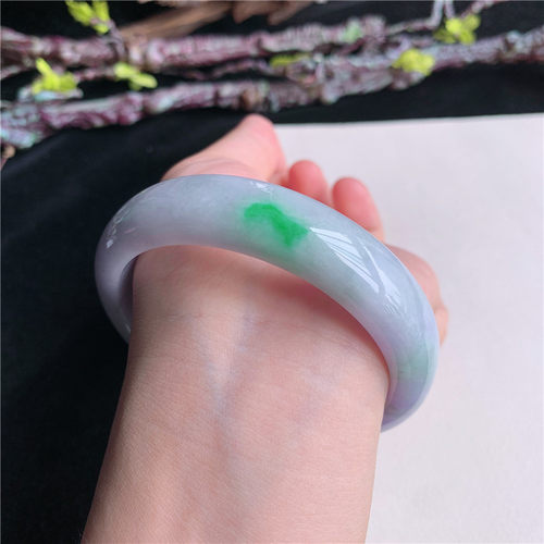 6月新品 鸿玉翡翠60圈口冰糯种紫罗兰飘绿正圈玉手镯女款12JJ0625