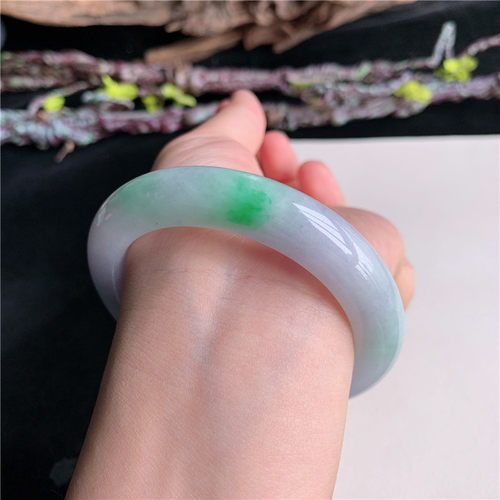 6月新品 鸿玉翡翠55圈口冰糯种紫底飘阳绿正圈玉手镯女款14D70619