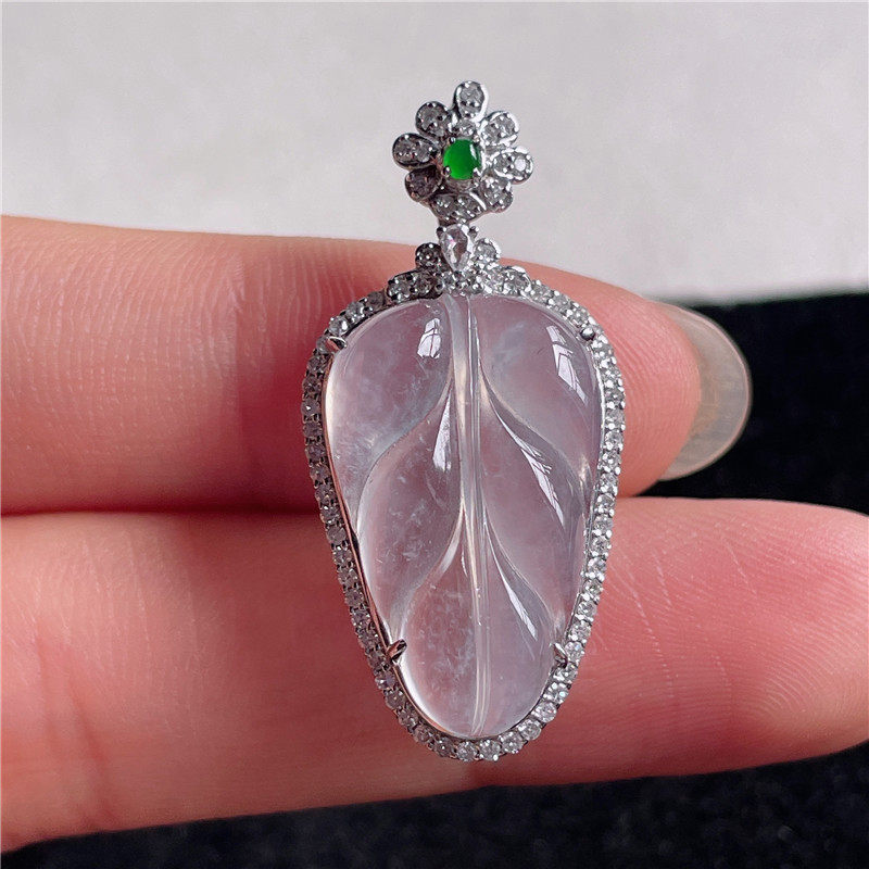 9月新品 鸿玉翡翠18k金镶嵌冰种起光白冰金枝玉叶精美吊坠A940921图片