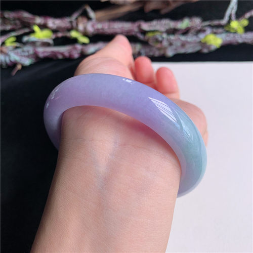 7月新品 鸿玉翡翠58圈口冰糯种紫罗兰飘绿正圈玉手镯女款1B30703