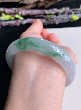 6月新品 鸿玉翡翠57圈口冰糯种飘绿花正圈玉手镯女款正品16G50611