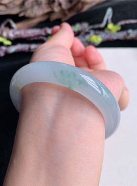 7月新品 鸿玉翡翠54圈口冰糯种飘黄翡飘绿正圈玉手镯女款4J60715