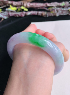 5月新品鸿玉翡翠58圈口冰糯种紫罗兰飘阳绿正圈玉手镯女款9F70529