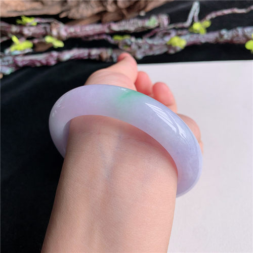 6月新品 鸿玉翡翠56圈口冰糯种紫罗兰飘绿正圈玉手镯女款60V90627