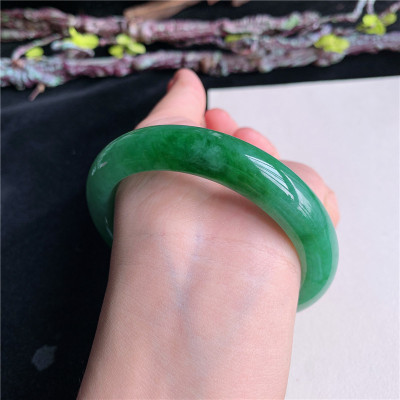 6月新品 鸿玉翡翠60圈口冰糯种飘阳绿正圈玉手镯女款正品45JJ0612