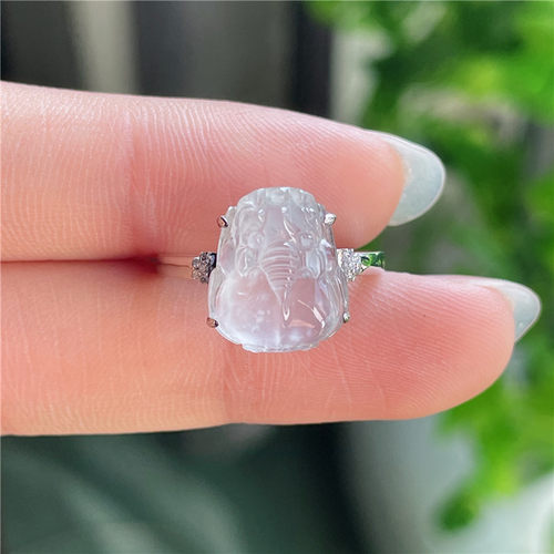 10月新品 鸿玉翡翠18k金镶嵌冰种起光白冰招财貔貅戒指 A941007