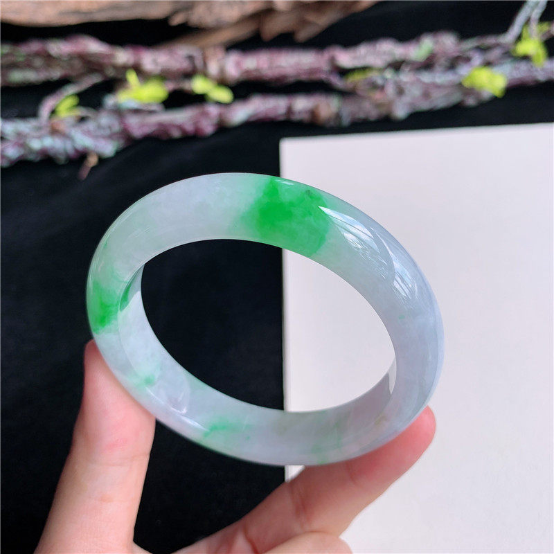 5月新品 鸿玉翡翠52圈口冰糯种紫底飘阳绿正圈玉手镯女款3X20525