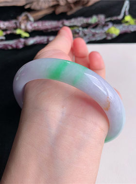 7月新品 鸿玉翡翠60圈口冰糯种紫罗兰飘阳绿正圈玉手镯女65R70709