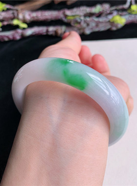 6月新品鸿玉翡翠54圈口冰糯种紫底飘阳绿正圈玉手镯女款104B90624