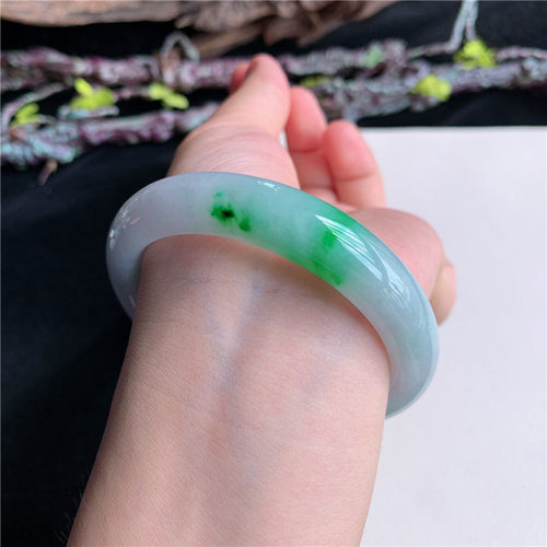7月新品 鸿玉翡翠55圈口冰糯种飘阳绿正圈玉手镯女款正品1B40709