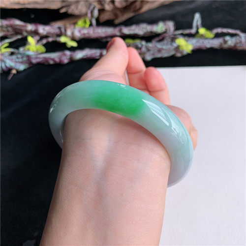 8月新品 鸿玉翡翠59圈口冰糯种紫底飘阳绿正圈玉手镯女款4A80807