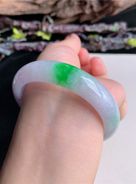 7月新品鸿玉翡翠53圈口冰糯种紫罗兰飘阳绿正圈玉手镯女款6G60709