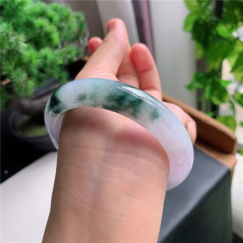 9月新品 鸿玉翡翠59圈口冰糯种紫韵飘绿花正圈玉手镯女款37JJ0901