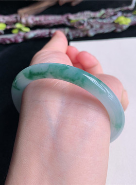 6月新品 鸿玉翡翠55圈口冰糯种飘绿花圆条玉手镯女款正品8G50612