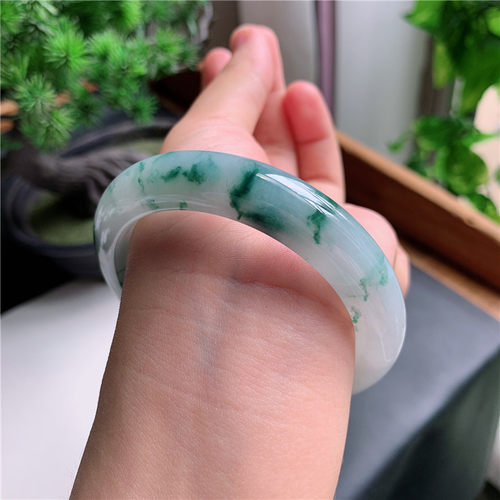 9月新品 鸿玉翡翠57圈口冰糯种飘浓绿花正圈玉手镯女款2Q50905
