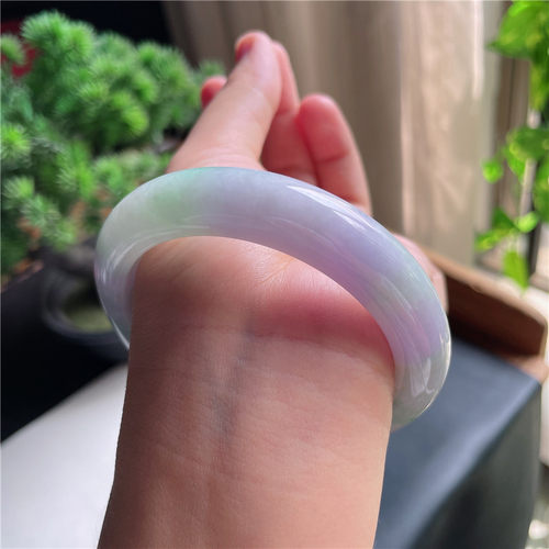 9月新品 鸿玉翡翠58圈口冰糯种紫罗兰飘绿正圈玉手镯女款8L50919