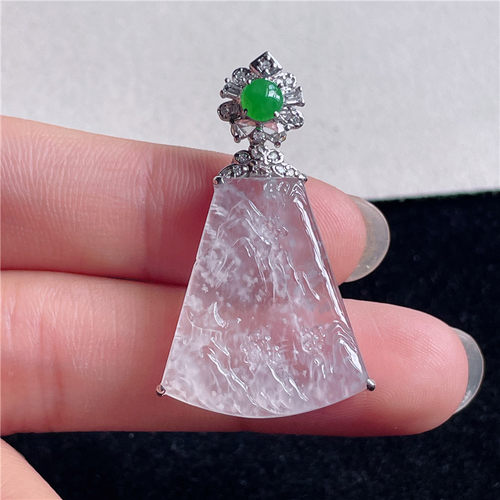 9月新品 鸿玉翡翠18k金镶嵌冰种白冰风景山水精美吊坠正品A940829