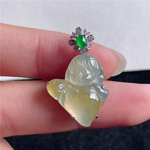 9月新品 鸿玉翡翠18k金镶嵌冰糯种飘黄翡小仙子精美吊坠 A940920