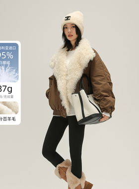 T6西伯利亚95白鹅绒羊毛领派克羽绒服女短款外套-N25D230W