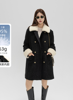 T6小香风95白鹅绒羽绒服可拆卸女中长款黑色毛领外套-R25D276W