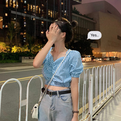 Blue fried chicken shows high V-neck shows thin short plaid fresh girl top