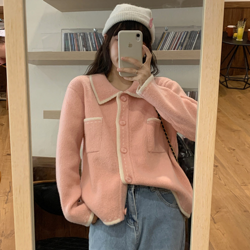 Real price real shoot sweet peach dream travel notes ~ 3 color small fragrance contrast color cardigan comfortable lazy sweater