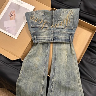 美式复古辣妹风做旧破洞高腰微喇叭牛仔裤女小个黄泥色显瘦拖地裤