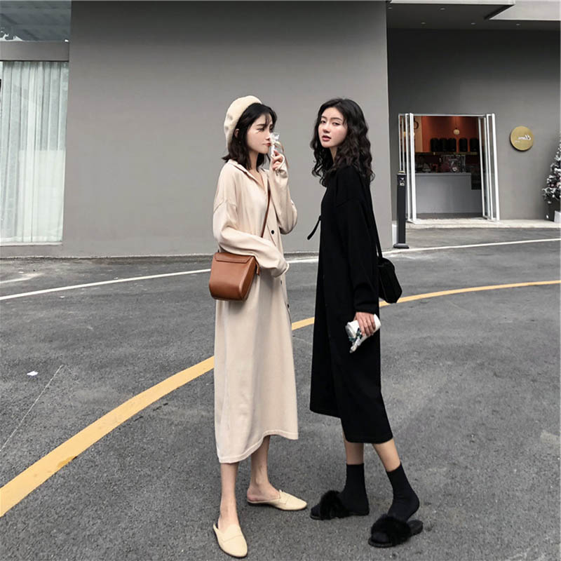 热销21件限时抢购配大衣的长裙子心机小黑裙内搭冬赫本风长款毛衣裙过膝针织连衣裙