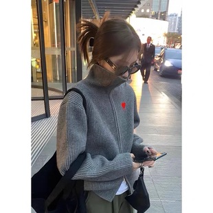 复古慵懒风翻领毛衣针织开衫 美式 女秋冬设计感休闲双拉链高领上衣