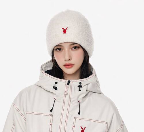 PLAYBOY男女款滑雪针织帽白色毛