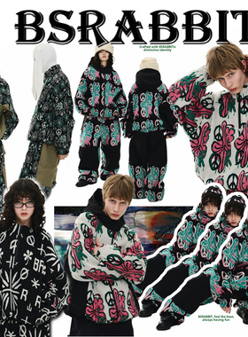 2526BSRABBIT韩国滑雪服男女款单板双板防风连帽开衫套装小花粉色