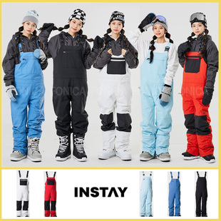 23INSTAY韩国滑雪背带裤宽松直筒保暖防水耐磨双单板男女款红白色