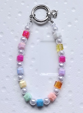 新款彩色方块手机链羊角钉手工diy串珠挂件车挂钥匙扣包挂饰