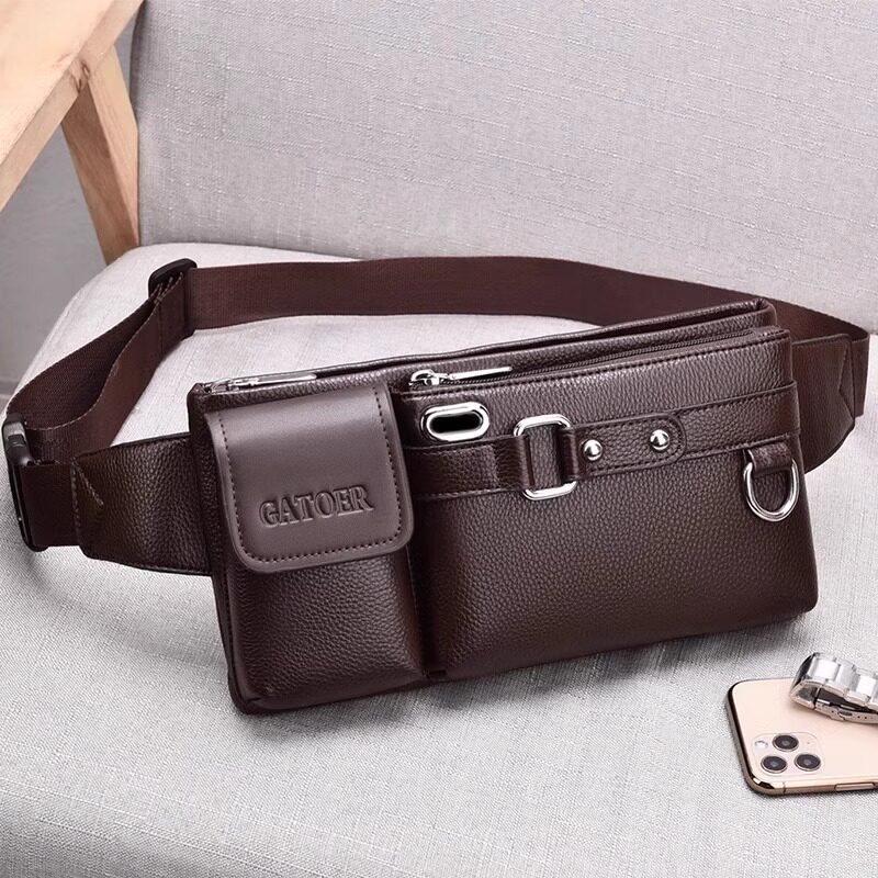 香港代购单肩包真皮胸包男款斜挎包大容量牛皮腰包多功能手机包男