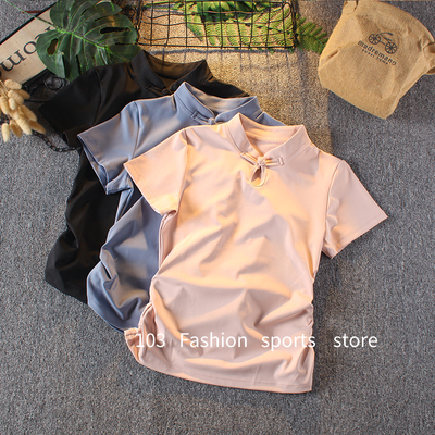 瑜伽服短袖女夏侧边褶皱修身显瘦