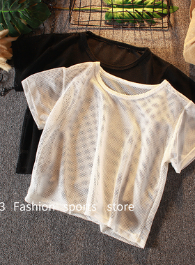 宽松运动短袖透气健身服女夏季速干网孔休闲外穿瑜伽网纱罩衫大码