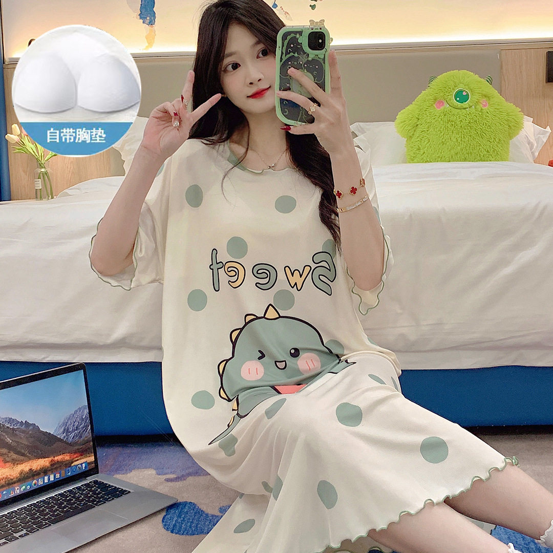夏冰丝螺纹睡裙女睡衣带胸垫睡衣图片