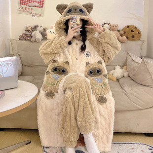 秋冬季睡袍女款珊瑚绒新款睡衣加绒加厚卡通冬天可外穿家居服套装