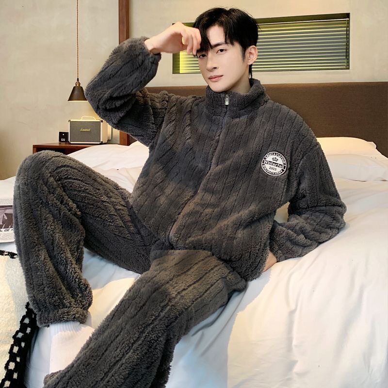 秋冬男珊瑚绒睡衣大码家居服套装